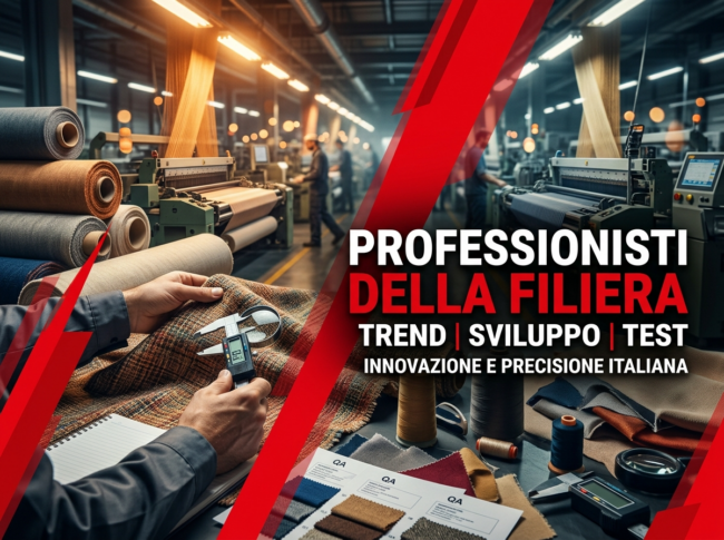 Textile factory floor with looms, fabric rolls, and a bold poster reading 'PROFESSIONISTI DELLA FILIERA'.