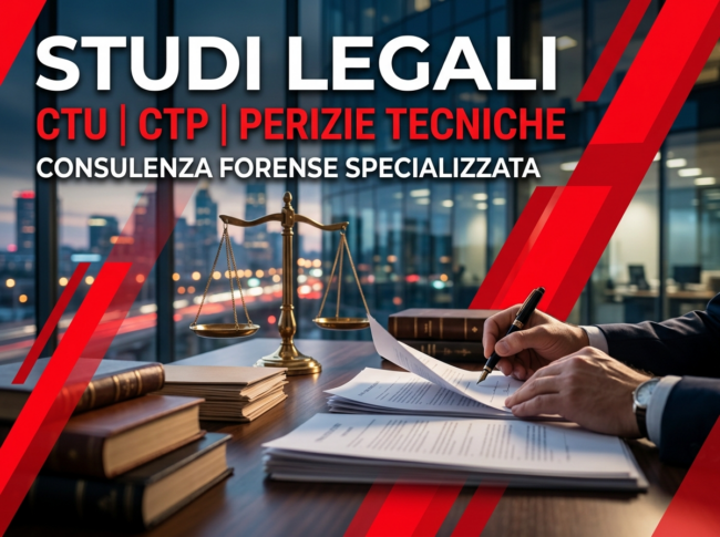 Promozione di studi legali e consulenze forensi: bilancia della giustizia e documenti su un tavolo, una mano che scrive con penna.