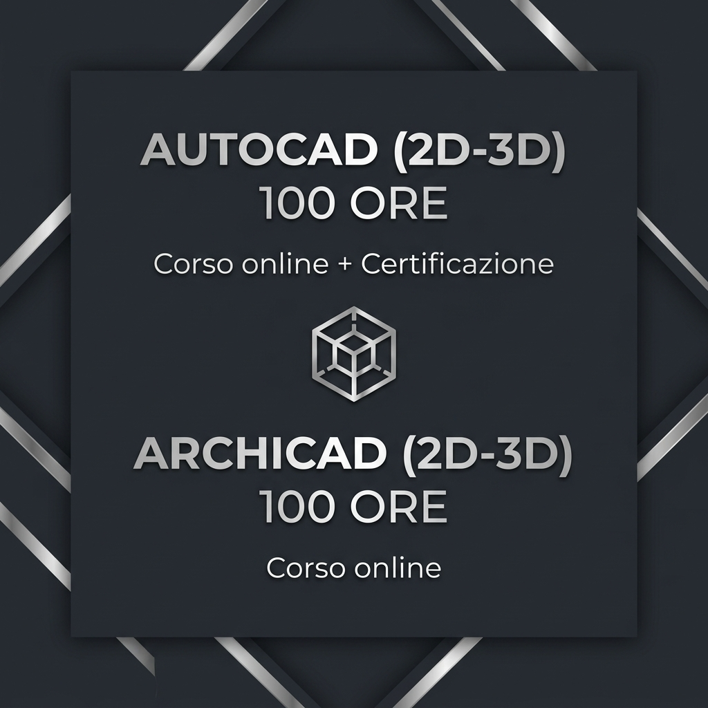 Professional_design_course_card_in_square_format_-1781080627117 | Fabrizio Fava Poster in dark tones advertising AutoCAD (2D-3D) — 100 ore, online course + certification, and ArchiCAD (2D-3D) — 100 ore, online course with a cube logo in the center.