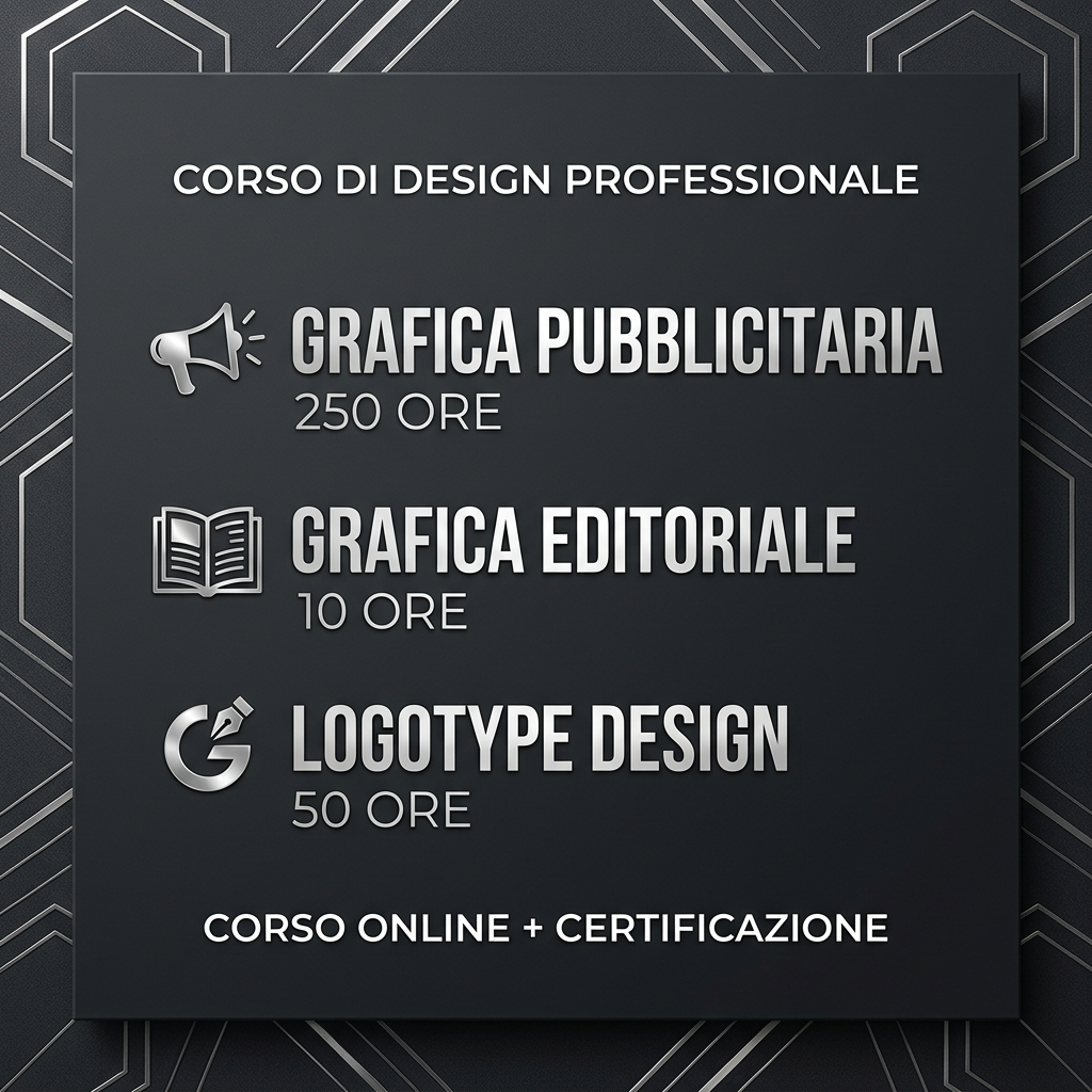 Professional_design_course_card_in_square_format_-1781080632797 | Fabrizio Fava Dark poster listing design courses: Grafica Pubblicitaria 250 ore, Grafica Editoriale 10 ore, Logotype Design 50 ore, with online certification.