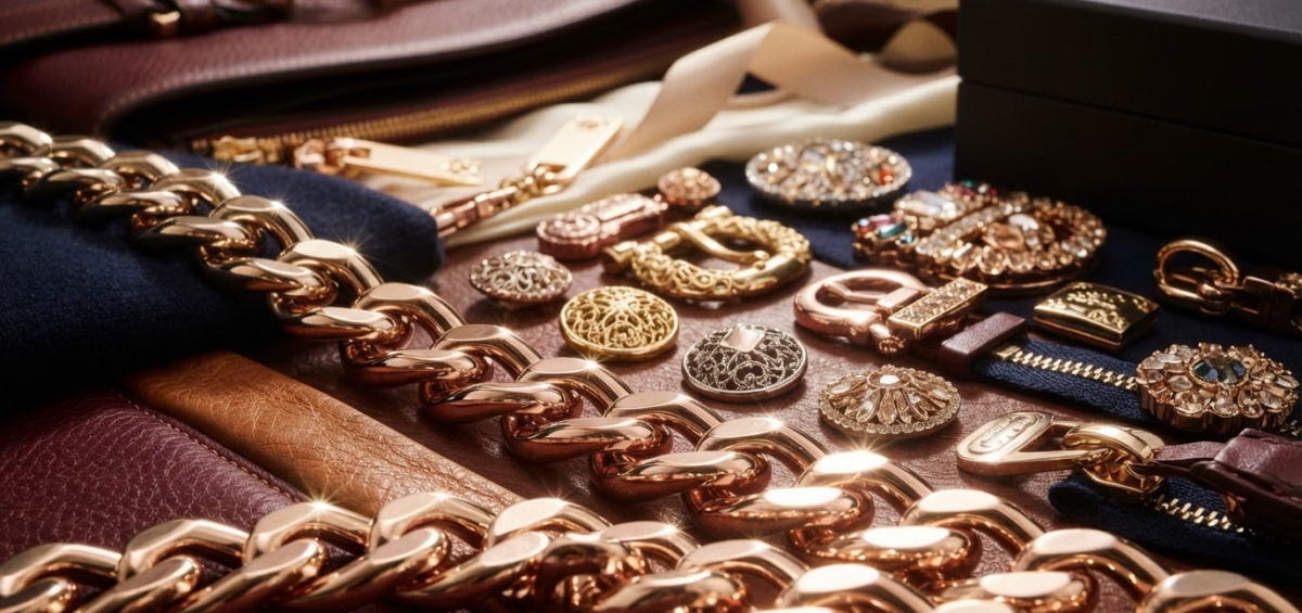 Accessori moda di lusso: bottoni, zip, fibbie, metallerie, fodere, packaging e finiture