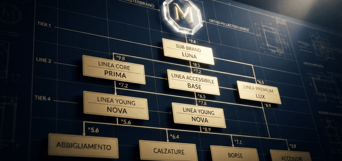 Architettura di marca moda | Fabrizio Fava Brand architecture diagram showing Masterbrand at top with Luna, LINEA CORE Prima, LINEA YOUNG Nova, LINEA ACCESSIBLE Base, and LINEA Premium Lux; bottom categories Abbigliamento, Calzature, Borse, Accessori.