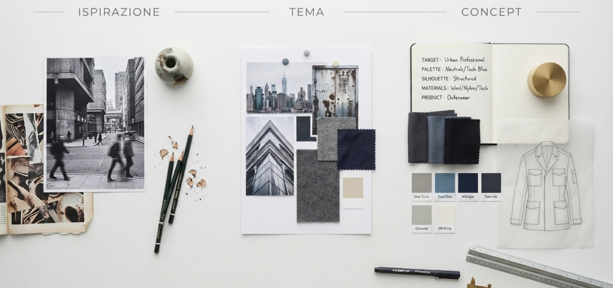 Concept di collezione moda con moodboard palette materiali e bozzetti