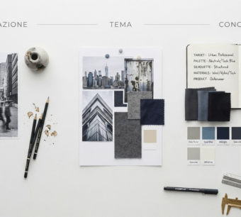 Concept di collezione moda con moodboard palette materiali e bozzetti