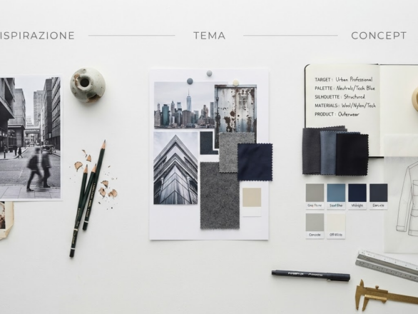 Concept di collezione moda con moodboard palette materiali e bozzetti