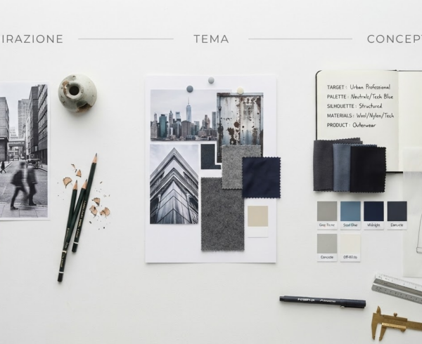Concept di collezione moda con moodboard palette materiali e bozzetti